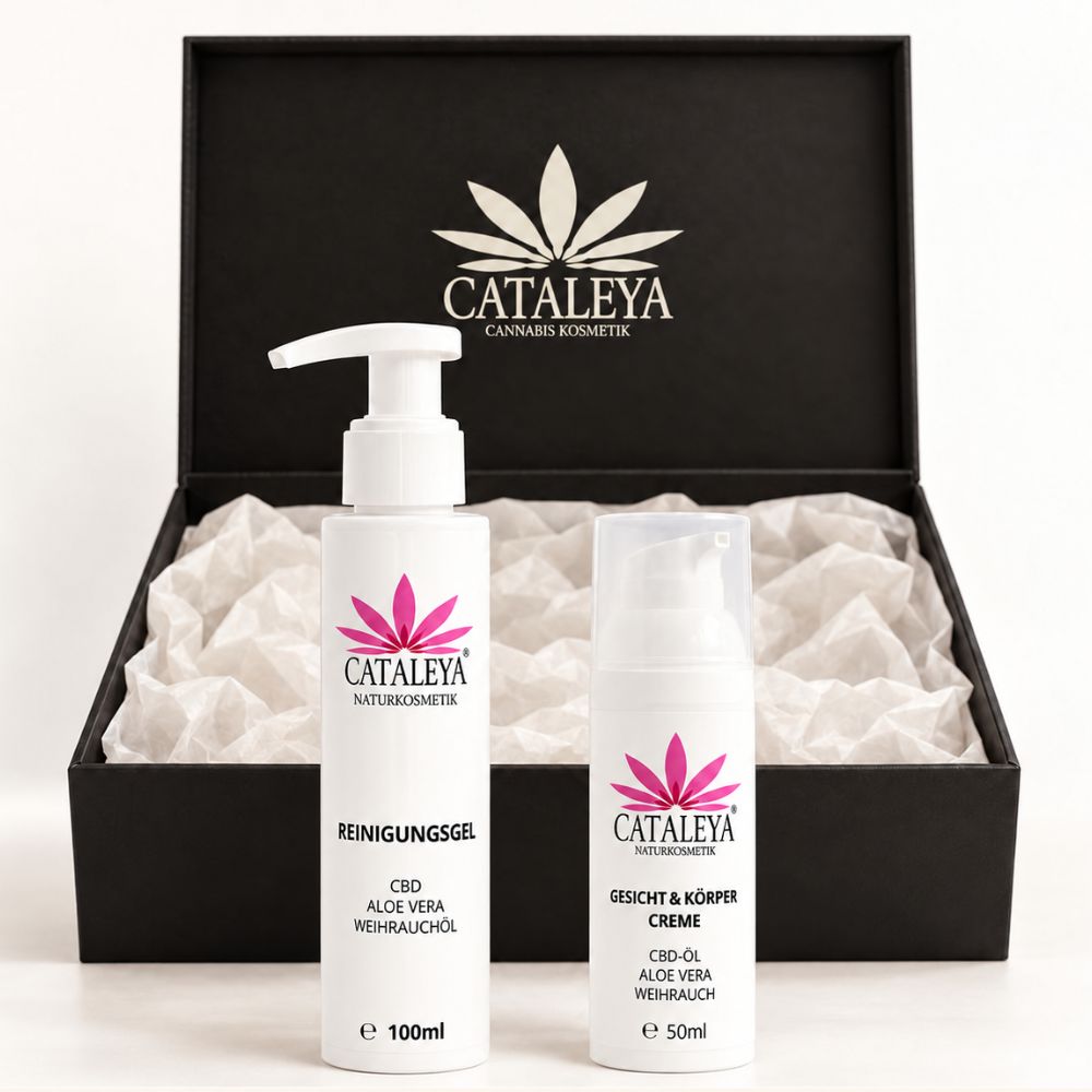 CATALEYA Reinigungsgel und Creme vor einer schwarzen Geschenkbox.