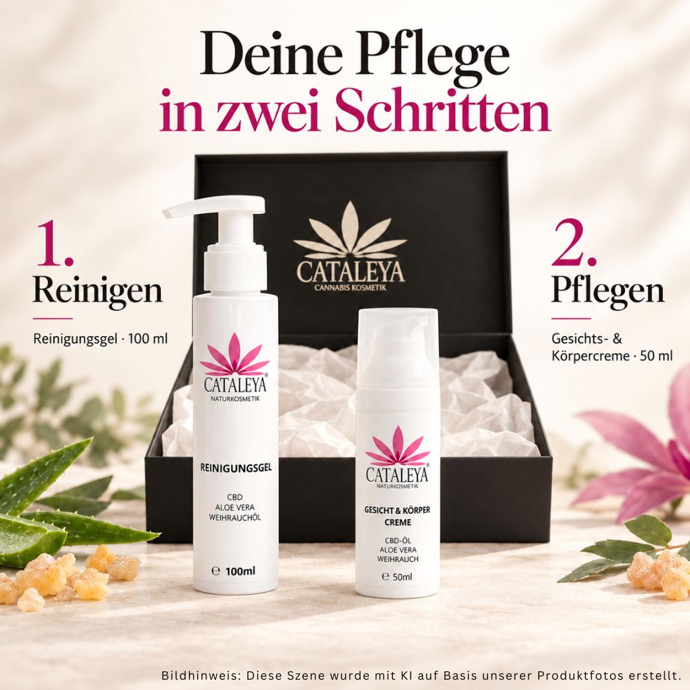 CATALEYA Reinigungsgel und Creme mit einer Übersicht der zwei Pflegeschritte.
