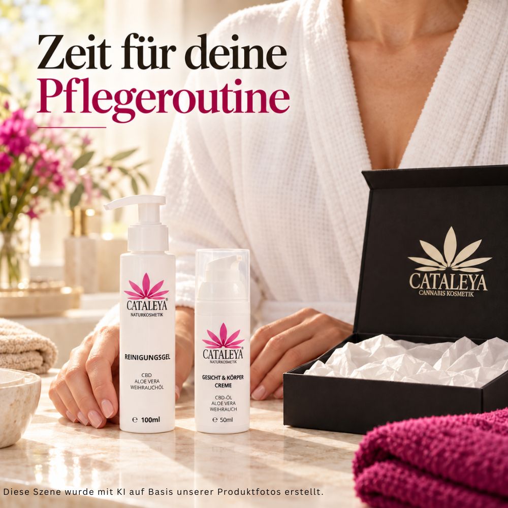 CATALEYA Creme und Reinigungsgel neben einer geöffneten Geschenkbox.