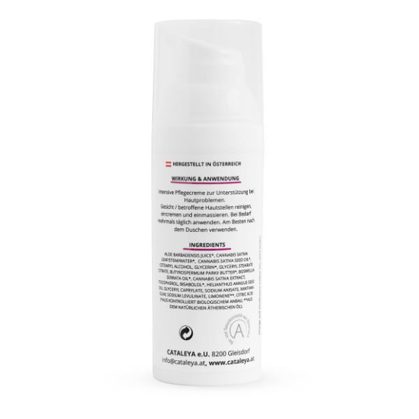 Abszesse, Aloe Vera, antiseptisch, beruhigt, biologisch, Bioqualität, Boswellia-Säure, Cannabidiol, CATALEYA, Cbd, CBD ÖL, Ekzeme, entzündungshemmend, Entzündungslindernd, Fette, Flavonoide, Gereizt, GESICHT, Gesichtscreme, Hanfpflanze, Hanfsamenöl, Haut, Hautbild, Hautirritation, Hautproblem, Hanfkosmetik, Hautverträglichkeit, Herpes, Hochwertig, Inhaltsstoffe, intensiv, Isolate, Körper, Körpercreme, Kosmetik, Kosmetiklinie, Kühlend, Nachhaltigkeit, Narbenbildung, Hanf, Neurodermitis, Nutzhanf, Öl, Österreich, Pflanzenöle, Pflanzenstoffe, pflanzlich, Pflegecreme, pflegt, Pickel, Regeneration, Regulierend, Säureschutzmantel, Schmerzlindernd, Schuppenflechte, Spektrum, Talgdrüse, Unterstützung, Vitamin E, vollspektrum, Weihrauch, Wunden, Narben, Akne, Pickel, Aloe Vera Gel, Biokosmetik, veganekosmetik, Creme, Salbe, Wundcreme, Heilpflanzen