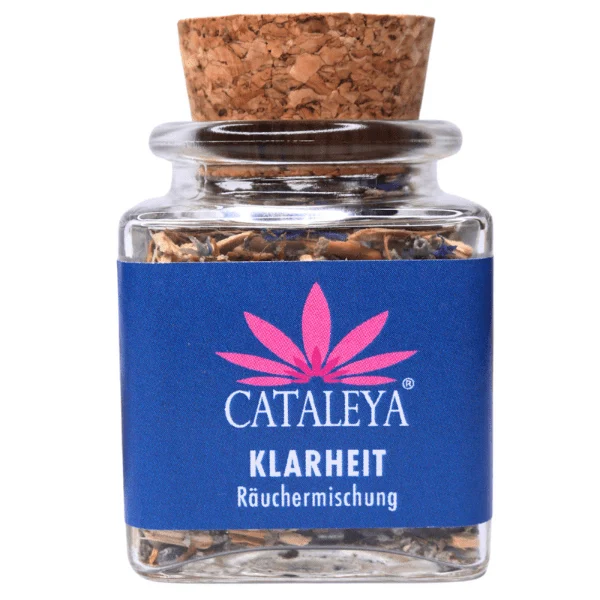 CATALEYA Klarheit-Räuchermischung im Glas vor weißem Hintergrund.