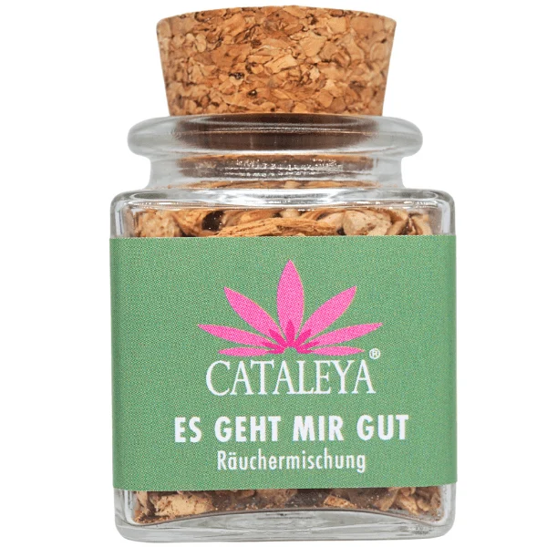 CATALEYA Es-geht-mir-gut-Räuchermischung im Glas mit grünem Etikett.