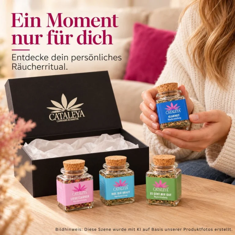 Frau hält eine CATALEYA Räuchermischung neben einer geöffneten Geschenkbox.