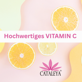 Drei halbierte Orangen- und Zitronenscheiben auf einem pastellfarbenen Hintergrund in Rosa und Gelb mit dem Text Hochwertiges VITAMIN C und dem pinken Cataleya-Logo