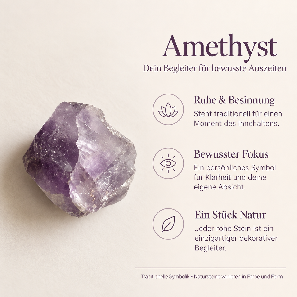 Roher Amethyst mit Erklärung seiner traditionellen symbolischen Bedeutung