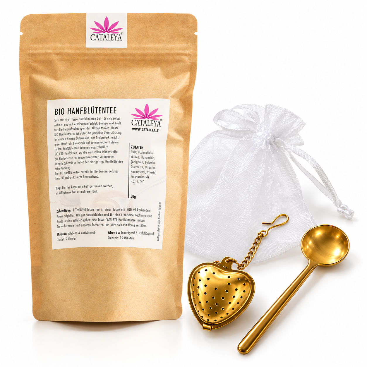 Bio Hanftee Set mit 50 g Hanfblütentee, Herz-Tee-Ei, Teelöffel und weißem Säckchen
