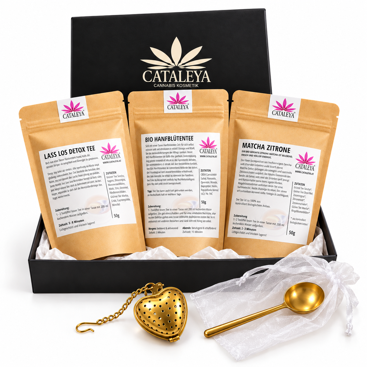 CATALEYA Grüne Tee-Auszeit mit Hanftee, Detox, Matcha Zitrone, Herz-Tee-Ei und Löffel im Säckchen auf weißem Hintergrund
