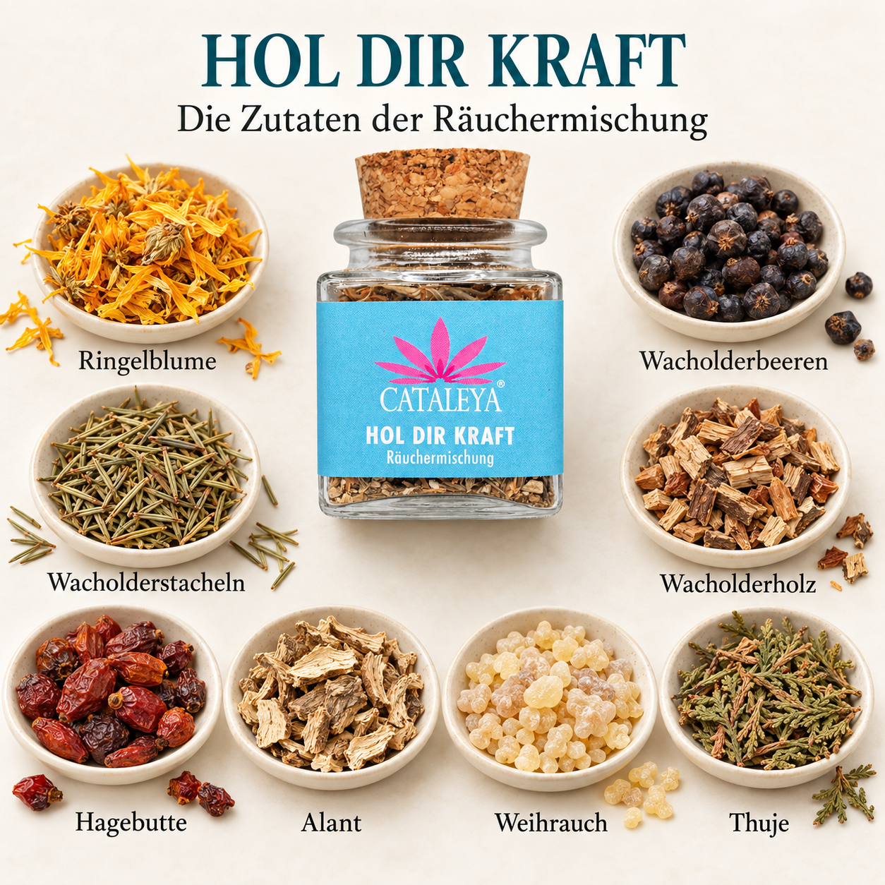 Acht Zutaten der CATALEYA Räuchermischung Hol dir Kraft
