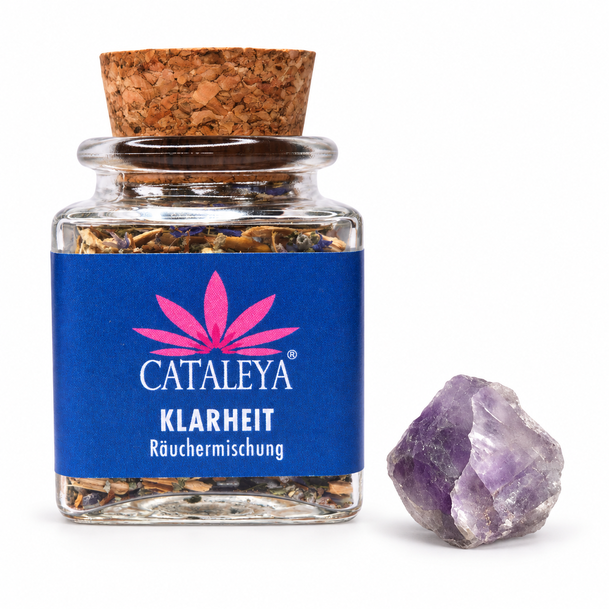 CATALEYA Klarheit-Räuchermischung im Glas mit Korken neben einem Amethyst vor weißem Hintergrund.