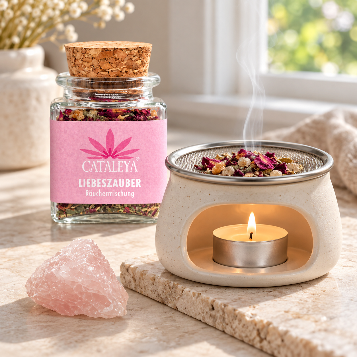 CATALEYA Liebeszauber-Räuchermischung neben Rosenquarz und Räucherstövchen.