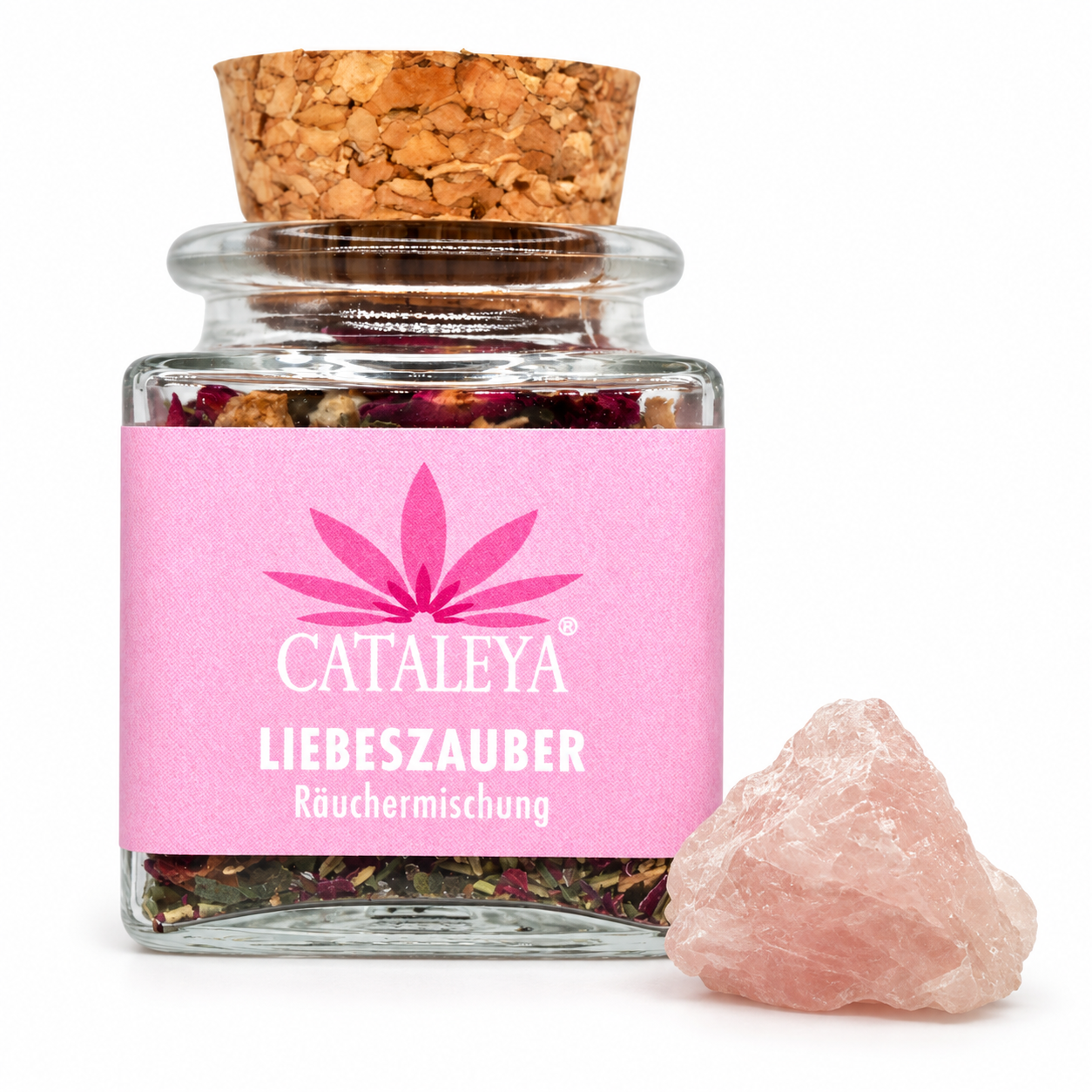 CATALEYA Liebeszauber-Räuchermischung im Glas mit Korken neben einem Rosenquarz.