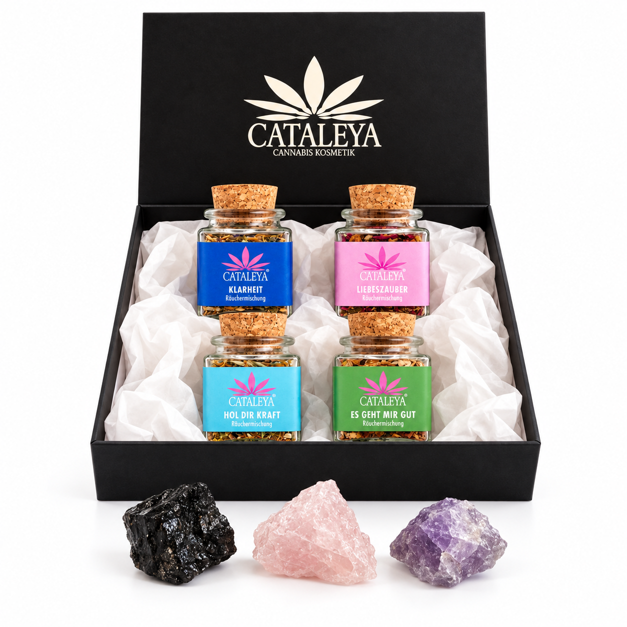 CATALEYA Ritual Box mit vier Räuchermischungen und je einem Amethyst, Rosenquarz und Turmalin auf weißem Hintergrund