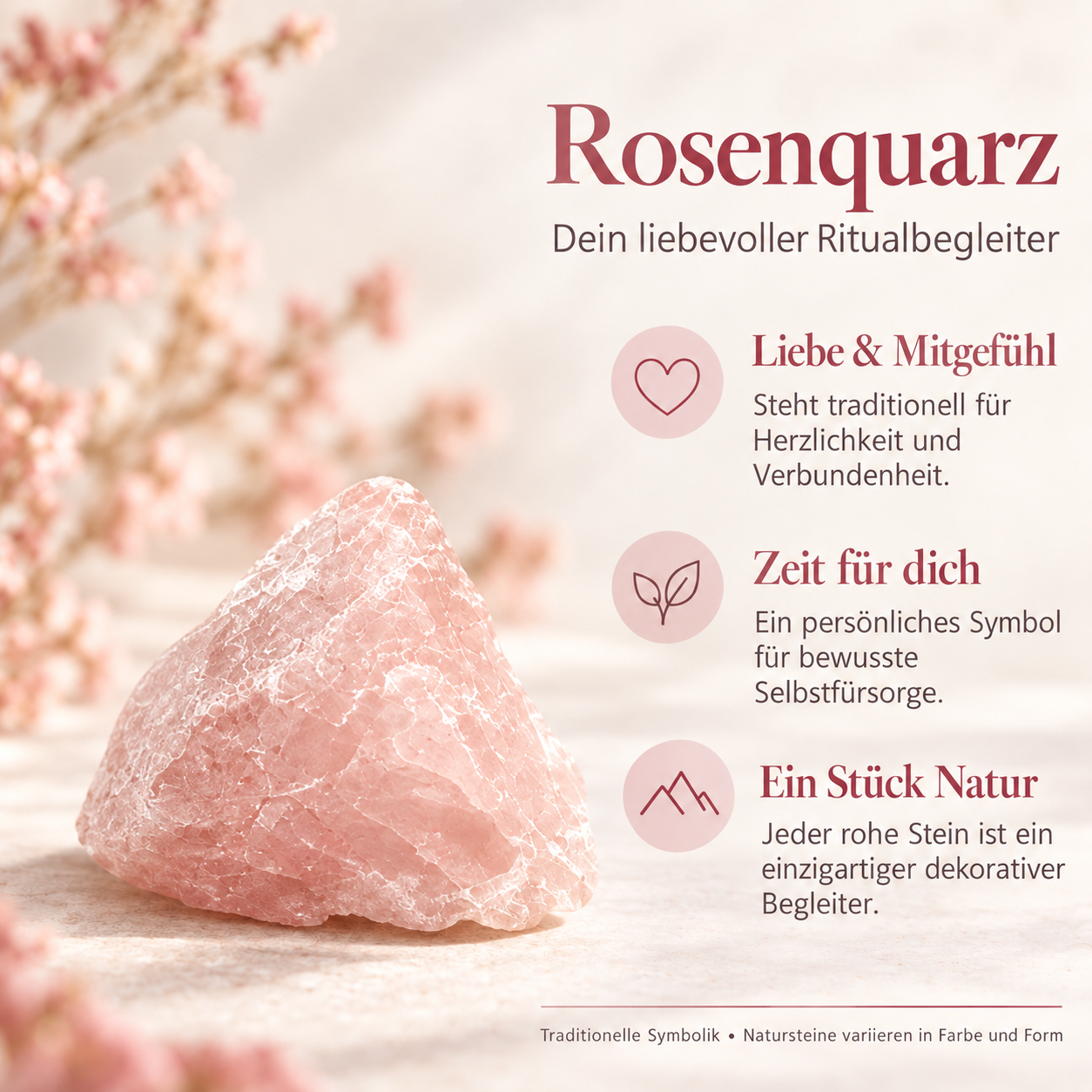 Roher Rosenquarz mit Erklärung seiner traditionellen Symbolik: Liebe, Mitgefühl und bewusste Selbstfürsorge