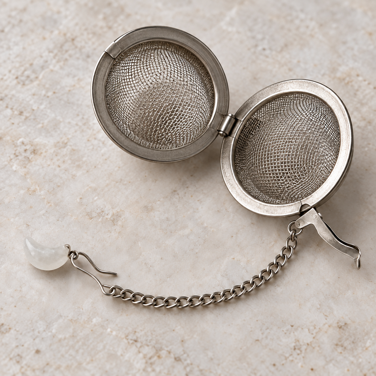 Geöffnetes rundes Mesh-Tee-Ei mit Kette, Haken und weißem Mondanhänger im Detail