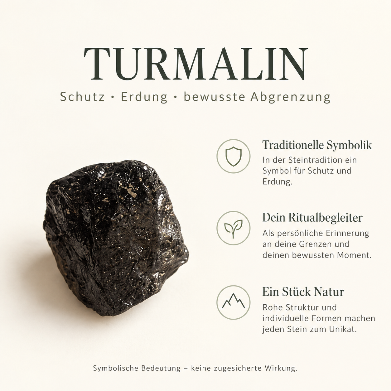 Roher Turmalin mit Erklärung seiner traditionellen symbolischen Bedeutung